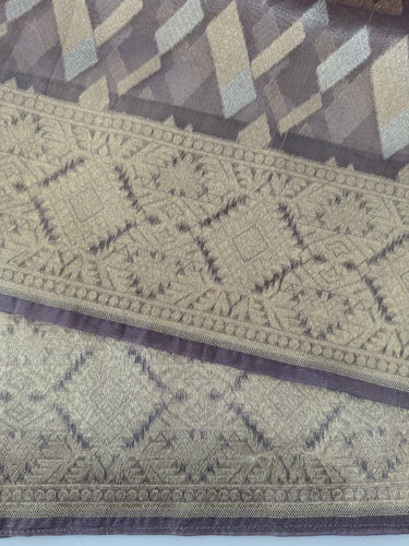 Banarasi Tissue Silk Alfi Saree | Light Greyish Purple | Gold & Silver Zari | Handwoven | Silk Mark Certified | Ships from California